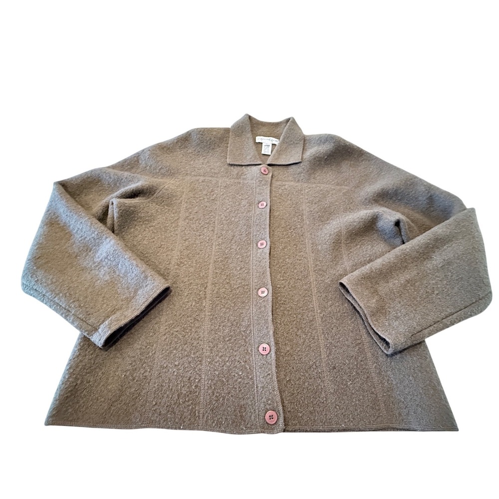 Evan-Picone 100% Wool Button Up Cardigan Jacket Taupe Brown XL Collared Solid
